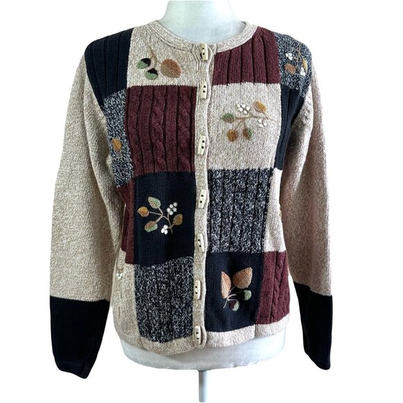 Cabin Creek Vtg 90 Cozy Knit Brown Embr. Cardigan Sweater - Picture 1 of 5